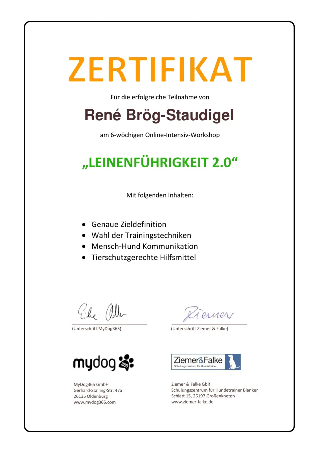 Mensch/Hund-Coaching-Zertifikat